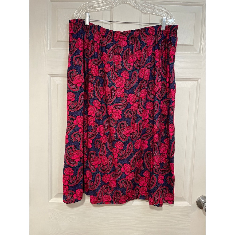 Vintage 90s Magent Pink Rose Paisley Midi Skirt XL XXL Elastic Waist Made in USA